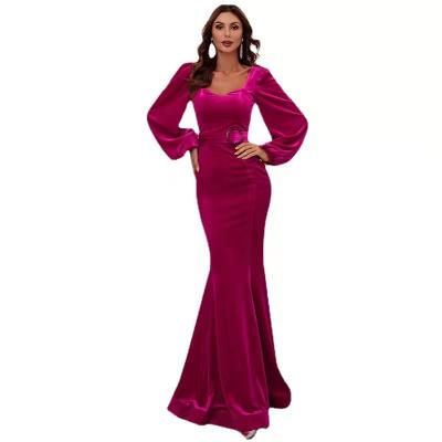 China Long red fishtail evening dress new year velvet banquet temperament of the dress anti-static spring toast for sale