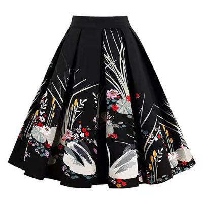 China Anti-static Women's Skirt Retro Swan Print A-Line Pleated Skirt for sale