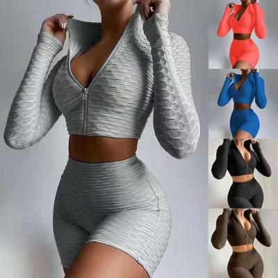 China Breathable Women Overall Clothing Featured Long Sleeve Zipper Cropped Shorts Top Casual Ladies Two Piece Suit for sale