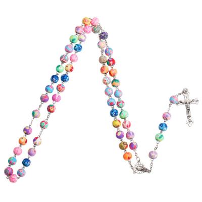 China Colorful Christian Catholic Religious Jewelry Jesus Cross Pendant Virgin Mary Centerpieces Beaded Rosary Necklace for sale