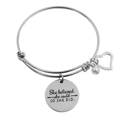 China TRENDY Adjustable Stainless Steel Quotes Bangle Bracelet Heart Charm Inspired Jewelry She Thought She Could So She Did for sale