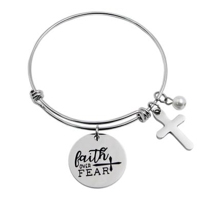 China Religious Bible Verse Faith Over Awe Charm Christian Cross Bracelet Stainless Steel Adjustable Bracelet Inspirational Gift for sale