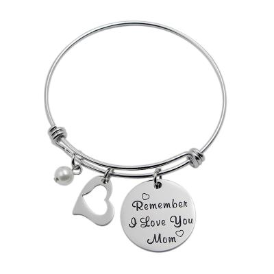 China TRENDY Stainless Steel Heart Charm Bangle Expandable Bracelet Remember I Love You Mom Mother's Day Jewelry Festival Gift for sale