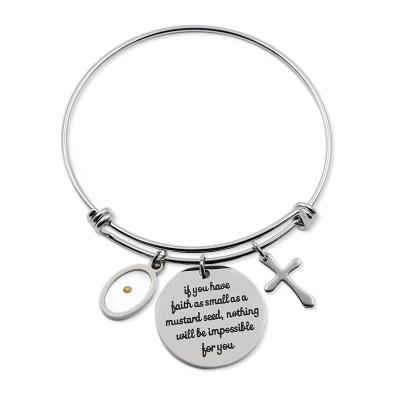 China Mustard Seed Stainless Steel Cross Bangle Religious Inspirational Pendant Bangle Christian Faith Bracelet Jewelry Gifts for sale