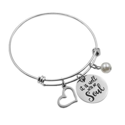 China Religious He Is Well With My Soul Bible Verse Bangle Bracelet Stainless Steel Heart Charm Bracelets Christian Jewelry Gifts for sale