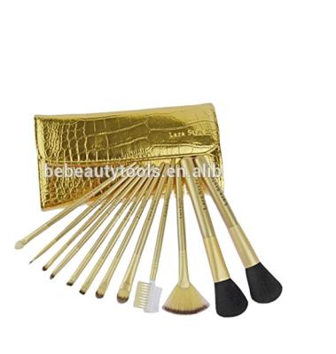 China 12pcs Luxury Golden Full Facial Fan Brush Set Brush for Lip, Cheek, Eyebrow Makeup Tools Purpose in Leather Bag for sale