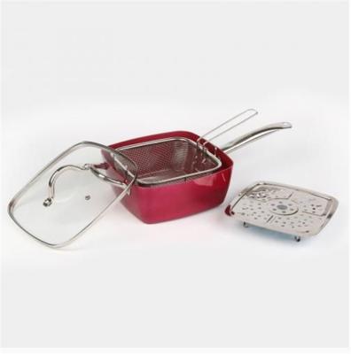 China Eco-Friendly Multi-Function Kitchen Sundries Stick Non-Fry Pan 24cm Red Square Deep Fryer Pan With Glass Cover Frying Steamer Basket for sale