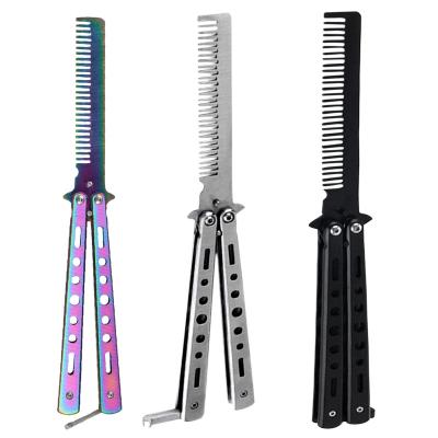 China Foldable Hair Beauty Comb Stainless Steel Practice Training Butterfly Knife Comb Beard Mustache Brush Salon Hairdressing Styling Tool for sale