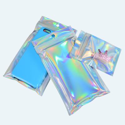 China 100Pcs Recyclable Holographic Glossy Clear Laser Front Film Plastic Food Packaging Bag With Zipper for sale