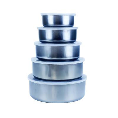 China 5Pcs Heatable Metal Food Storage Container Set Round Stainless Steel Food Bowl for sale