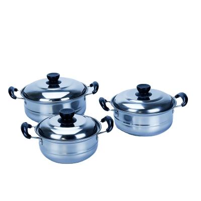 China Sustainable Stainless Steel Kitchen Pot Set Stainless Steel Soup Pot 3 Pieces Wooden Handle Loaded With Steel Cover Cooking Pot for sale