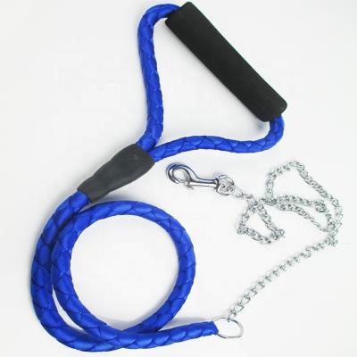 China Anti-bite Viable Hot Foam Padded Dog Handle Sale Nylon Webbing Leash With Iron Chain Comfortable Dog Leash for sale