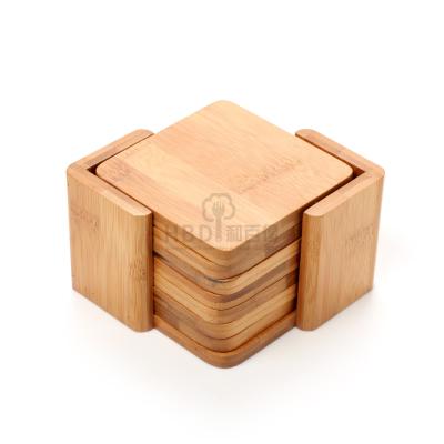 China Multi Sustainable Uses Popular High Quality Square Bamboo Wooden Coaster Set With Stand for sale