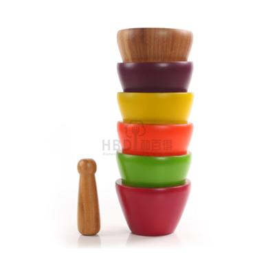 China Bamboo Mortar and Pestle Set Viable Manual Kitchen Ginger Spices Pestle Press Grinder Large Small for sale