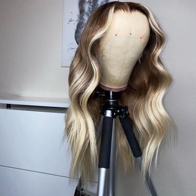 China Ash Blonde Color Cuticle Aligned HD European Hair Highlight Body Wave Hair Transparent Lace Front Wigs for sale