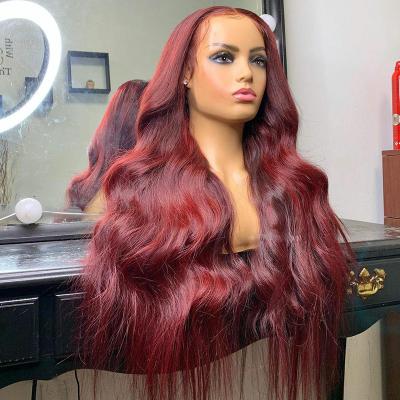 China Body Wave Burgundy Red Color Body Wave Cuticle Aligned Transparent Lace Front Hair Wigs For Women for sale