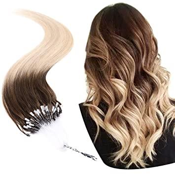 China Micro Straight Micro Link Hair Bead Hair Remy Micro Loop Pre Bonded Cold For Women Medium Brown Ombre Platinum Blonde for sale