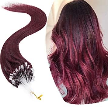 China Ring Loop Remy Hair Piece micro straight bead cold stick tipped hair fish line real natural straight hair extension for women wine red for sale