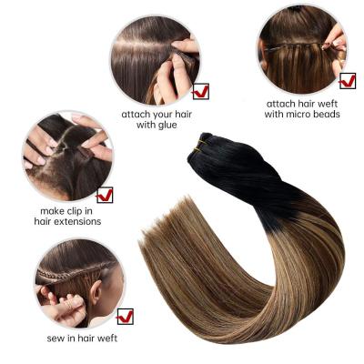 China Straight Hair Weft Sew In Extensions Ombre Black Fading To Chestnut Brown With Caramel Blonde Highlights Hair Bundles for sale