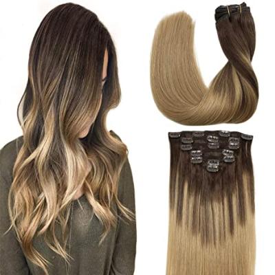 China Natural Chocolate Brown Fade To Dirty Blonde Real Hair Extensions Clip In Hair Stragiht Natural Hair Clip In Extensions for sale