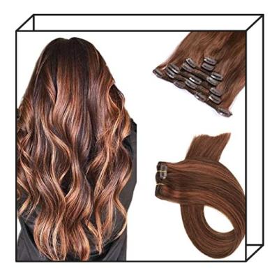 China Straight Hair Clip In Hair Extensions Chocolate Brown With Auburn Highlights Remy Human Hair Straight Clip On for sale