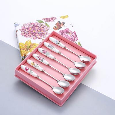 China Viable Style Ceramic Handle Cutlery Coffee Ice Cream Tea Spoon Stainless Steel Spoon Set for sale