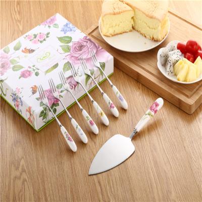 China Dessert Viable Fork Handle Tea Fork And Cake Knife Set Ceramic Porcelain Cutlery Set for sale