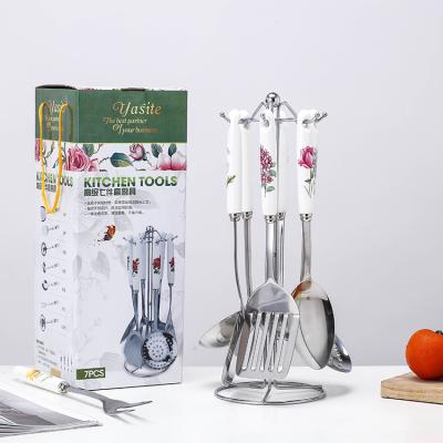 China Sustainable Modern Kitchen Tools 7Pcs Set Utensil Stainless Steel Cooking Cooking Utensils With Ceramic Handle for sale