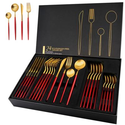 China Wholesale Modern Red Gold Knife and Fork Spoon Set Hotel 24pcs Viable Manufacturer Hotel Stainless Steel Cutlery Set With Case for sale