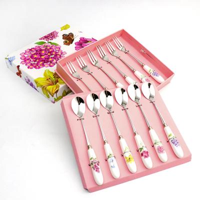 China Viable Graceful Gift Box Tea Spoon Set Fork Set Flatware Flatware Stainless Steel Spoon Fork Cutlery Set With Ceramic Handle for sale