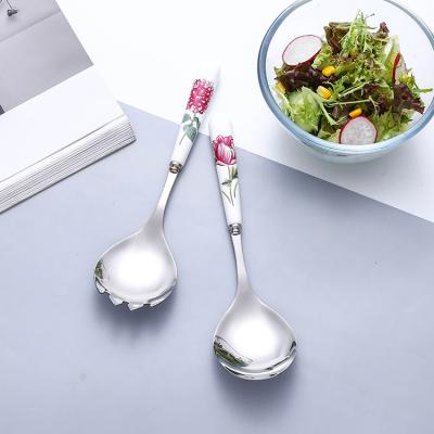 China Viable Customized Floral Ceramic Gift Box Handle Stainless Steel Salad Fork Spoon Set for sale