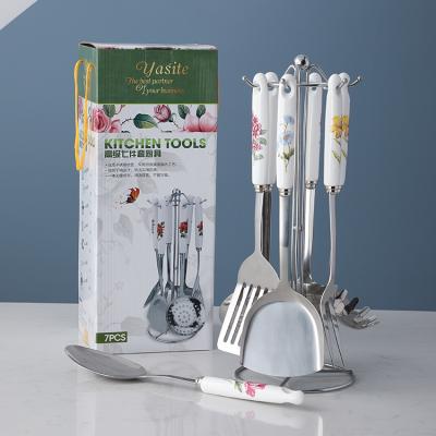 China Wholesale 7Pcs Sustainable Floral Ceramic Handle Stainless Steel Utensil Cooking Set Kitchen Utensils From China for sale