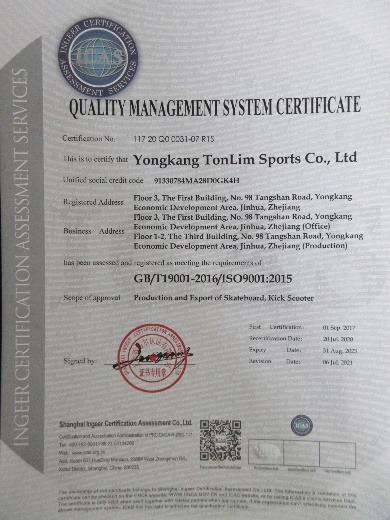 ISO9001 - Yongkang Tonlim Sports Co., Ltd.