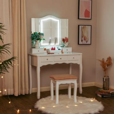 China Other Not Sale One Wholesale Ladies Bedroom Makeup Mirror Hollywood Vanity Dresser Luxury Makeup Dressing Table with Mirror and Stool for sale