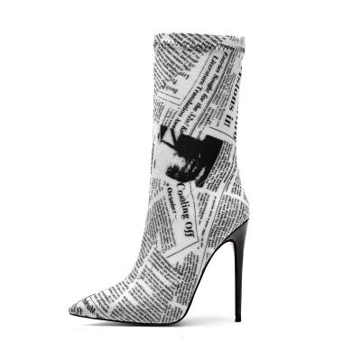 China 2021 New Autumn Breathable Stiletto High Heels Fashion Newspaper Cow Pattern Large Size Lady Women' S Boot for sale