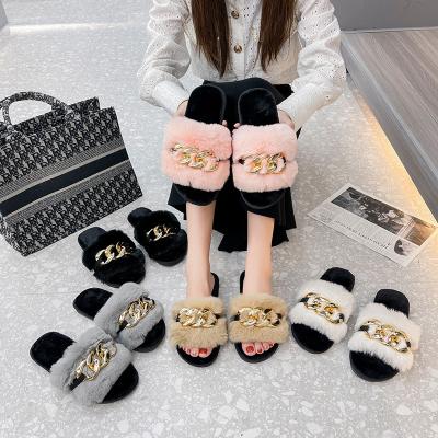 China Fashion Trend Winter Shoes 2021 Wholesale Faux Fluffy Fur Chain Slippers Designer Slippers Women Famous Brands Indoor Women Slippers for sale