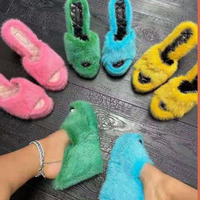 China New Fashion Trend Fashion Women's Autumn Winter Indoor Fur Slippers Wedge Sandals Fluffy Slips High Heels Fur Slippers for sale