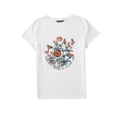 China Custom QUICK DRY Blooming Flower Blossom Butterfly Logo Printing 100% Cotton T-shirt Women's T Shirts For Women White And Plain Tee for sale