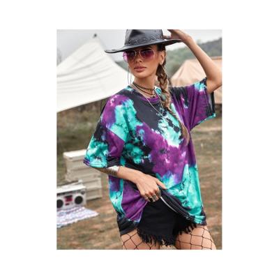 China Plus Size QUICK DRY Custom Tie Dye Stitch Custom Short Oversized Round Neck T-Shirt Cotton Sleeve Multi Colors Women Top for sale