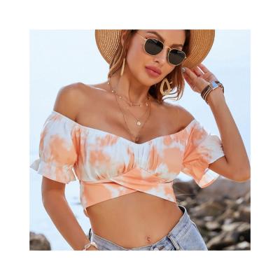 China Breathable Off The Shoulder Main 2021 Factory Hot Sale Wholesale Back Criss Cross Tie Dye Top Ruffle Ruffle Cuff Crop Top Off Shoulder Summer Vacation Wear for sale