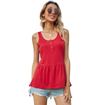 China Summer Breathable Fashion Women's Sleeveless Tank Tops Half Button Ruffle Edge Tank Top Red Regular Fit Solid Pattern Knitted Casual 10pcs for sale