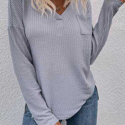 China Viable Women Drop Shoulder Pocket Detail Solid V-Neck Stitch Long Sleeve Women Blouse Multi Colors 2021 Ladies Fall Spring Tops for sale