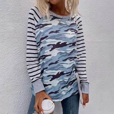 China Viable Factory Wholesale Women Striped Long Sleeve Camouflage Tee Raglan Sleeve Women Pullover Multi Colors 2021 Ladies Fall Spring Tops for sale