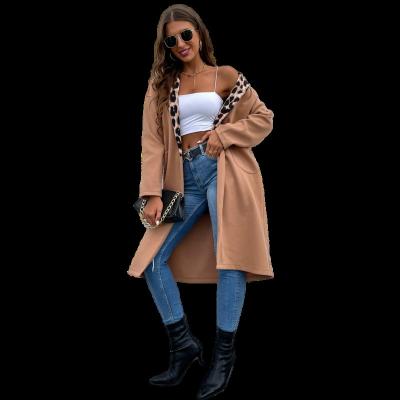 China High Quality Anti-wrinkle Leopard Panel Drop Shoulder Overcoat For Women Autumn Winter Woman Long Coat Fashionable OEM ODM 2021 for sale