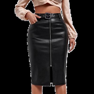 China Women's Faux Leather Pencil High Waist Front Belted Zipper Breathable PU Skirt Ladies Casual Skirts Skirts Black Solid Color for sale