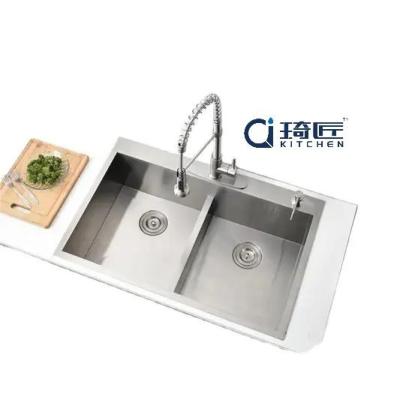 China Without Faucet 2023 Hot Sale Modern Handmade Stainless Steel Double Bowl Top Mount Kitchen Sink for sale