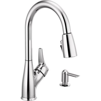 China Hot Selling Single Handle Metered Sprayer Kitchen Faucets Pull Down Faucet With Soap Dispenser In Chrome for sale