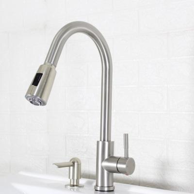 China Hot Selling Metered Faucets Pull Down Kitchen Sink Faucet With Soap Dispenser, Satin Nickel for sale