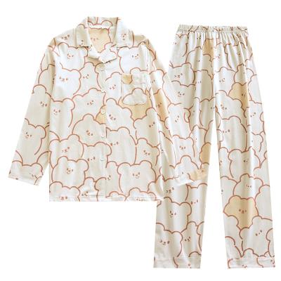 China Thermal Hot Sales Of Thin Section Lapel Bear Pattern High Quality Knitted Long Sleeve Happy Pajamas Set for sale