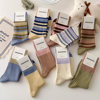 China Hot Selling Korean Fashion QUICK DRY Harajuku Striped Women Stockings Comfortable Cotton Matched Color College Women Socks for sale